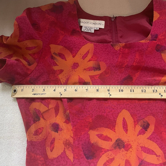 Vintage 90s Maggie London Silk Dress Women 10 Red Orange Floral Bloomcore Sheath - Picture 7 of 10